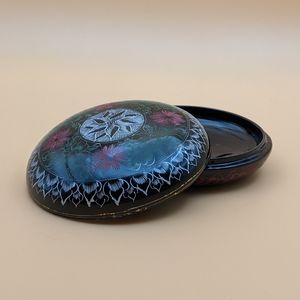 Vintage Black Round Lacquered Box with Hand-Painted Florals